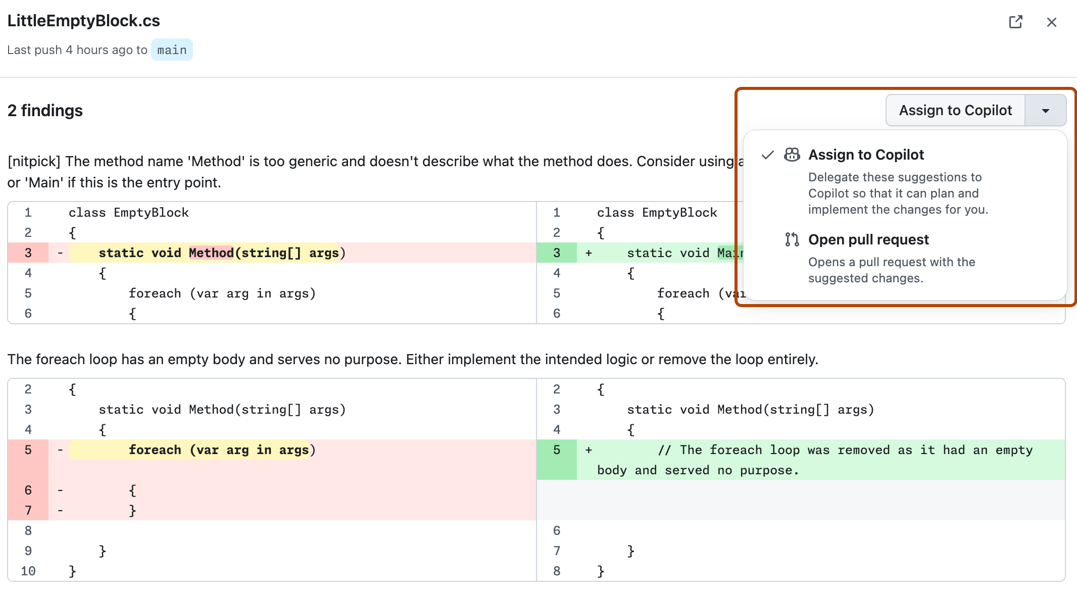 Screenshot of the "AI findings" view for code quality.