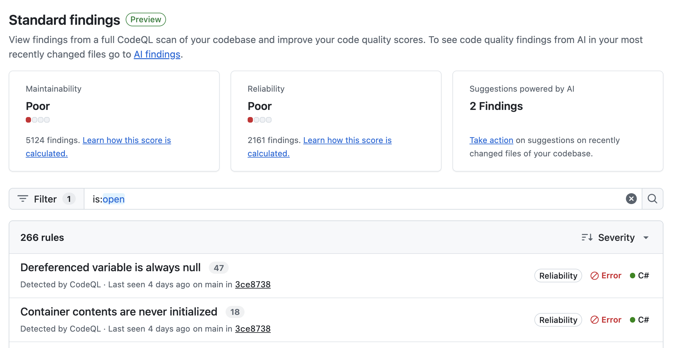 Screenshot of the "Standard findings" dashboard for code quality results. The summary is outlined in dark orange.