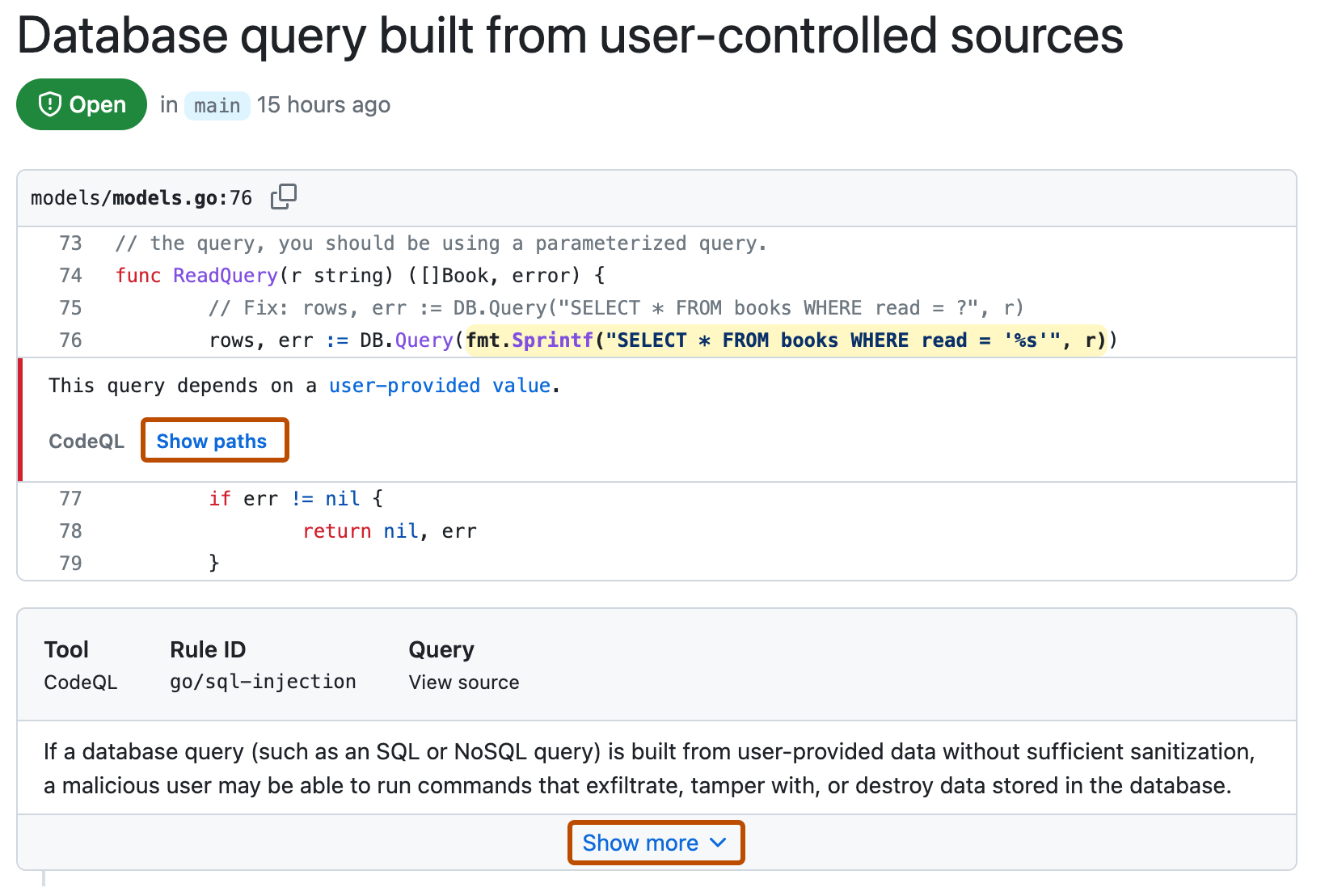 Screenshot of a code scanning alert. The "Show paths" and "Show more" links are outlined in dark orange.