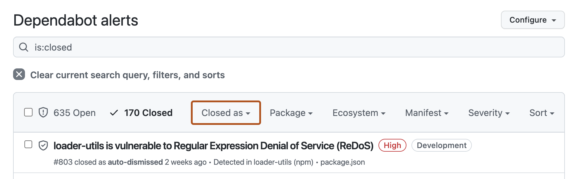 Screenshot of the "Dependabot Alerts" page. A button, labeled "Closed as" is highlighted with an orange outline.