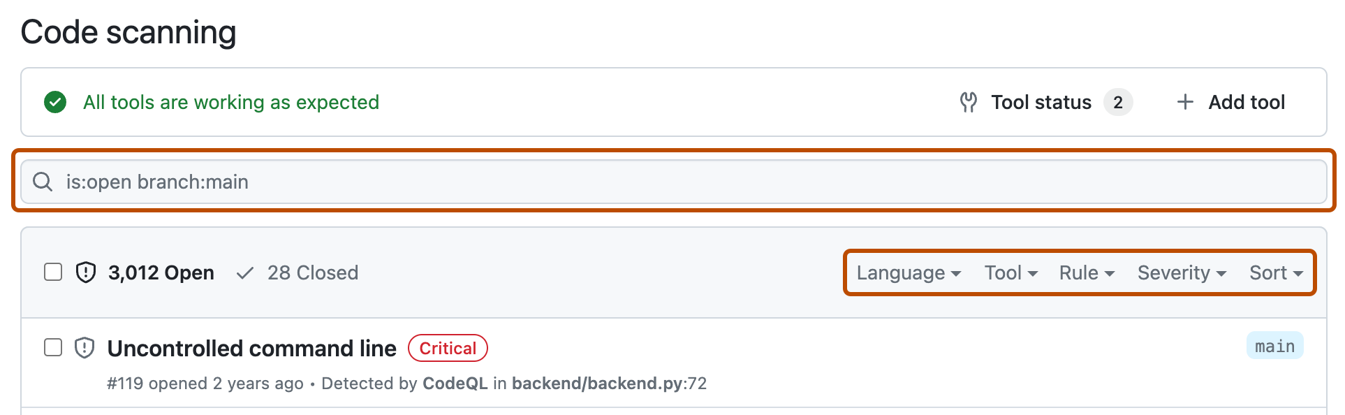 Screenshot of code scanning alerts page. The search box and filter dropdown menus are outlined in dark orange.