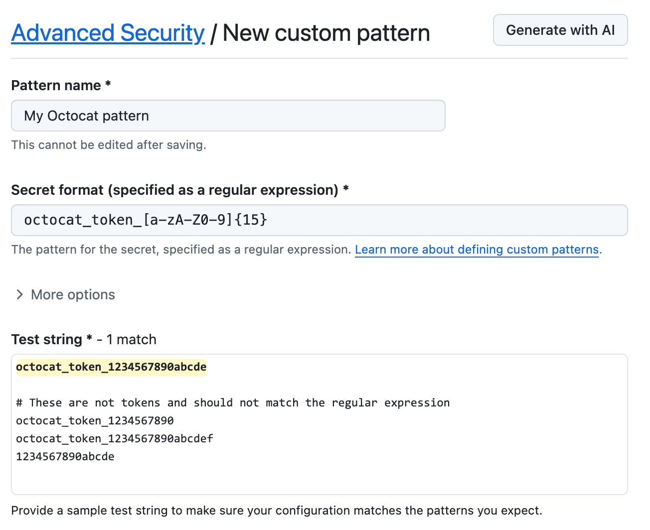 Screenshot of a filled custom secret scanning pattern form.