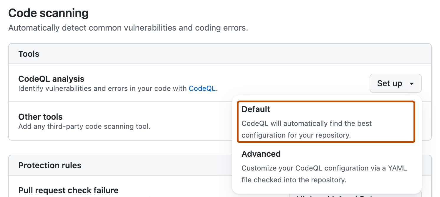 Screenshot of the "Code scanning" section of "Advanced Security" settings. The "Default setup" button is highlighted with an orange outline.